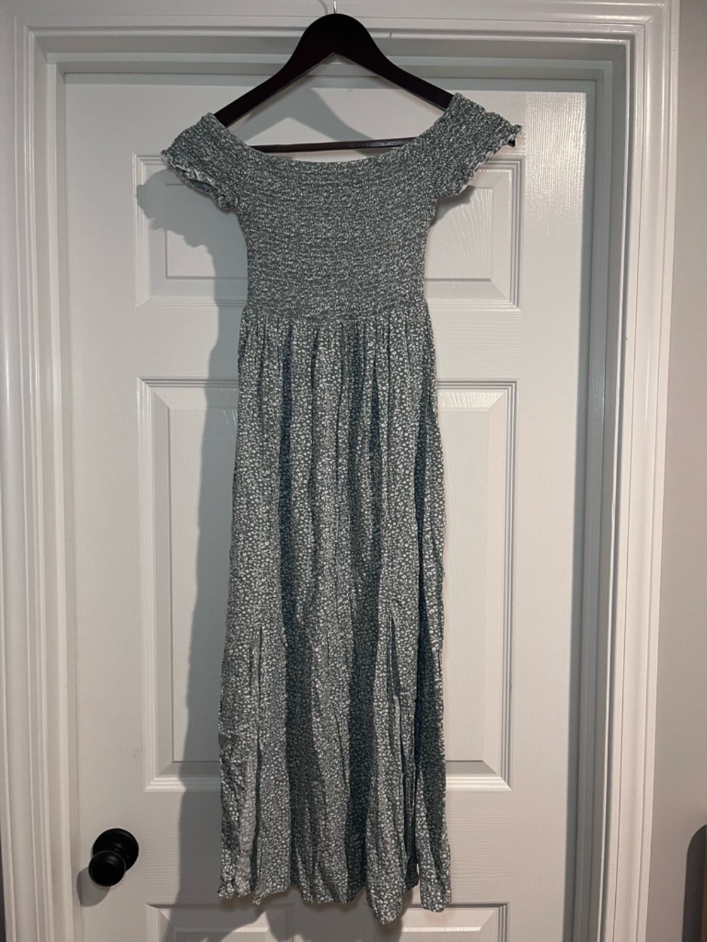Smocked Off-Shoulder Maxi Dress in Heathered Gray
